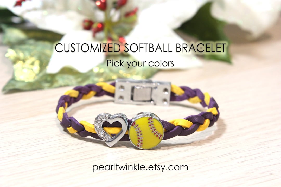 Customized Softball Bracelet Wristband With Heart Charm, Pick