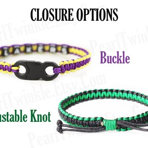 May include: Two braided bracelets with different closure options. The top bracelet is yellow and purple with a black plastic buckle closure. The bottom bracelet is black and green with an adjustable knot closure. The text "CLOSURE OPTIONS" is at the top of the image. The text "Buckle" is next to the top bracelet and the text "Adjustable Knot" is next to the bottom bracelet.