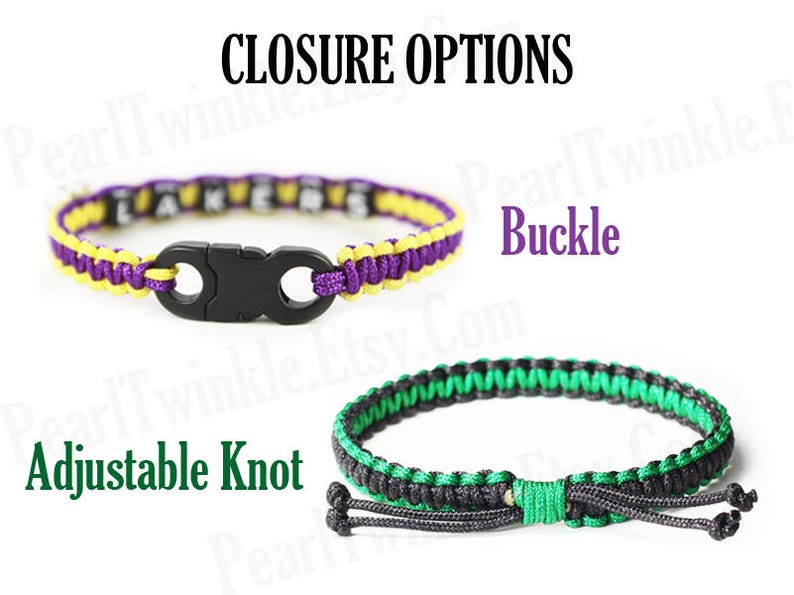 May include: Two braided bracelets with different closure options. The top bracelet is yellow and purple with a black plastic buckle closure. The bottom bracelet is black and green with an adjustable knot closure. The text "CLOSURE OPTIONS" is at the top of the image. The text "Buckle" is next to the top bracelet and the text "Adjustable Knot" is next to the bottom bracelet.