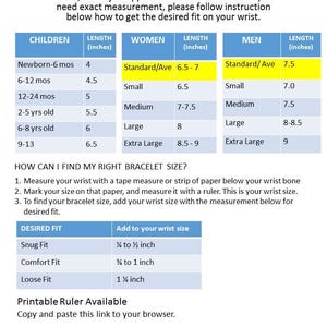 May include: A chart providing a basic guideline for bracelet sizing. It includes measurements for children, women, and men in inches. The chart also includes a section on how to find the right bracelet size by measuring your wrist and adding a specific amount to the measurement based on your desired fit.