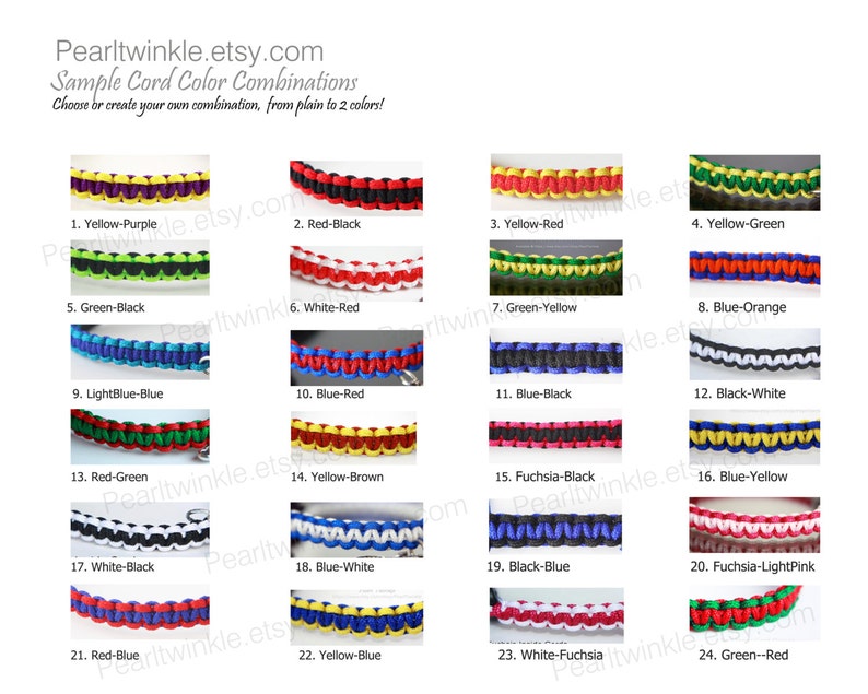 May include: A sample card showing 24 different colour combinations of cord. Each combination is shown as a braided cord with two colours. The colours include yellow, purple, red, black, green, white, light blue, blue, orange, fuchsia, and light pink.