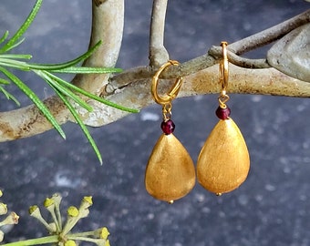 Handmade earrings, festive with gold-plated drop and garnet, gold-plated hoop earrings