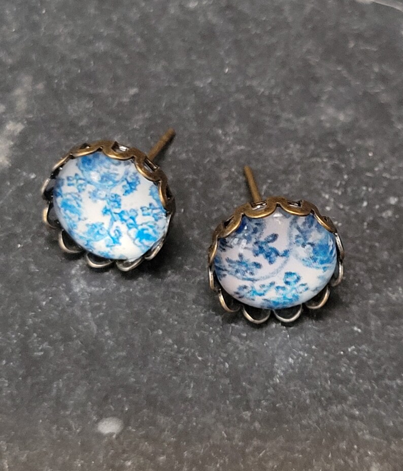 Earrings, Stud Earrings Handmade, With Cabochon delft Blue Tile in