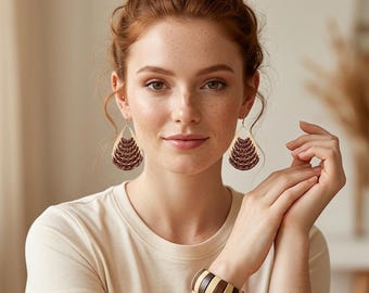 Wooden stretch bracelets raffia statement earrings set