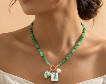 Mahjong Tile  Floral Bead Ball Charm Pendant Beaded Necklace