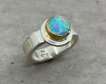 Size 5, Opal Ring, Silver and 18k gold bezel, mixed metal, October birthstone gift