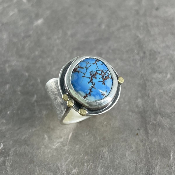 Golden Hills Turquoise Ring, sterling and 18k gold ring, size 5.75 statement ring for women, Desert Lavender Turquoise, December birthstone