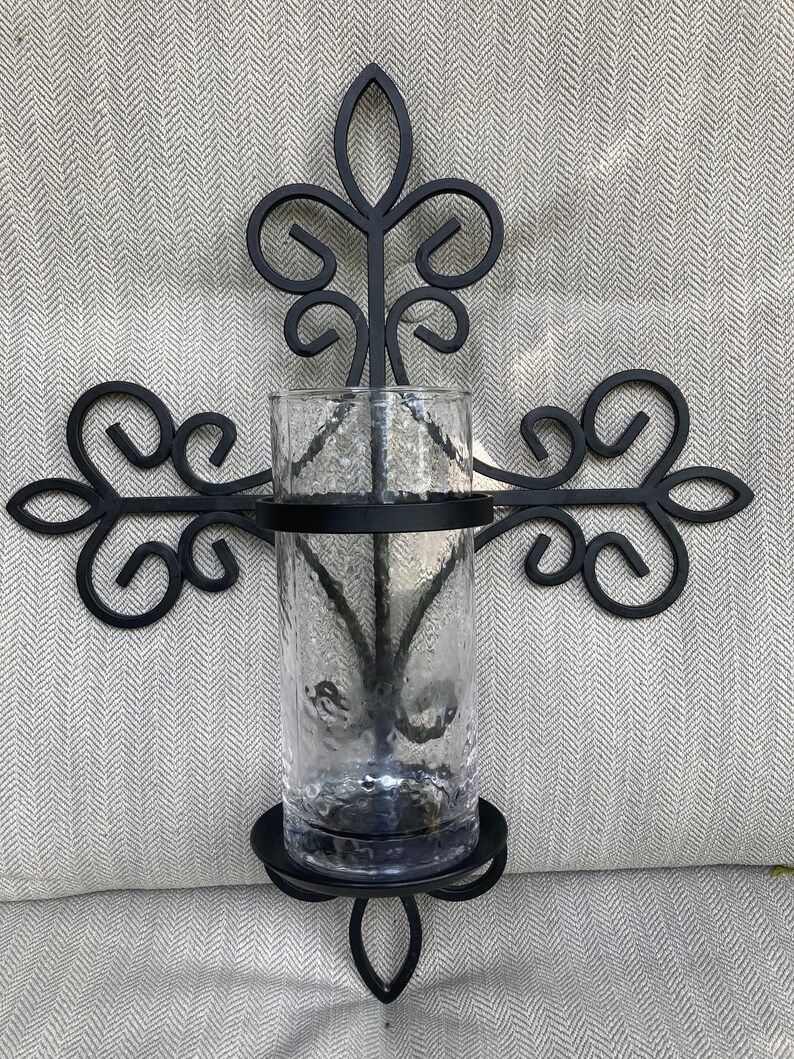 Candle Holder Sconce FLEUR De LIS Wall Sconces PAIR of Black Wrought