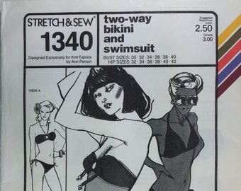 1970's Stretch & Sew 1340 Vintage Two way Bikini and Swimsuit Bust size 30 to 40 Pattern uncut from 1979