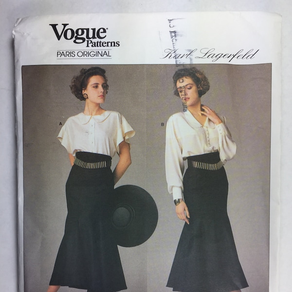 Vintage 80's, Vogue 1900, Karl Lagerfeld, Misses' Blouse, Dropped Shoulder,High Waisted, Flared Skirt, Sizes 10, Cut Sewing Pattern