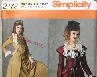 Simplicity 2172, Vestido victoriano, Vestido Steampunk, Falda plisada, Bustier, Abrigo, Falda, Theresa LaQuey, Tallas 14-16-18-20-22, Sin cortar