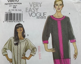 Vogue V8610, Loose-fitting Dress, Kimono Sleeves, Banded Neck, Sizes8-10-12-14,  Uncut Pattern