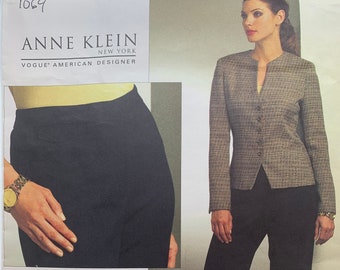 Chaqueta y pantalones, Vogue V1064, Diseño Anne Klein, Semi-ajustado, Dardos en la cintura, Manga de dos piezas, Tallas 8-10-12-14, Patrón de costura sin cortar