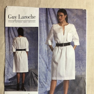 Vogue V1400 White Linen Dress, Sizes 8-16, Sizes 16-24, Guy Laroche, Pull Over Dress, Mock Front Band, Patch Pockets, Fold Back Cuffs, Uncut
