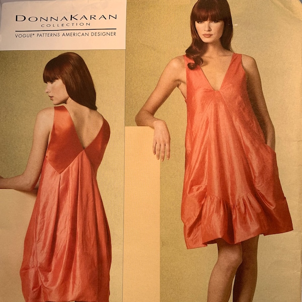 Vogue V1175, Donna Karan Dress, Close-fitting, Above Mid-knee, Pullover, Lined Dress, Contrast Bodice, Puffed Hem, Sizes 6-8-10-12, Uncut