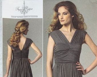 Vogue V1253, vestido con corpiño fruncido, ceñido al cuerpo, fruncido hasta las estancias, giro frontal, cintura elástica, tallas 6-8-10-12, patrón sin cortes