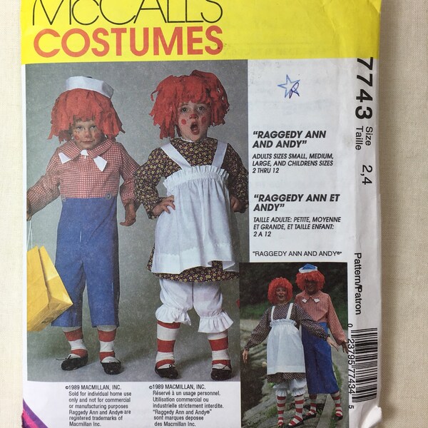 Raggedy Ann Costume, McCall's 7743-P218 Raggety Andy Costume, Childs Size 2-4, Halloween, Pullover Dress, Apron, Bloomers, Jumpsuit, Vintage