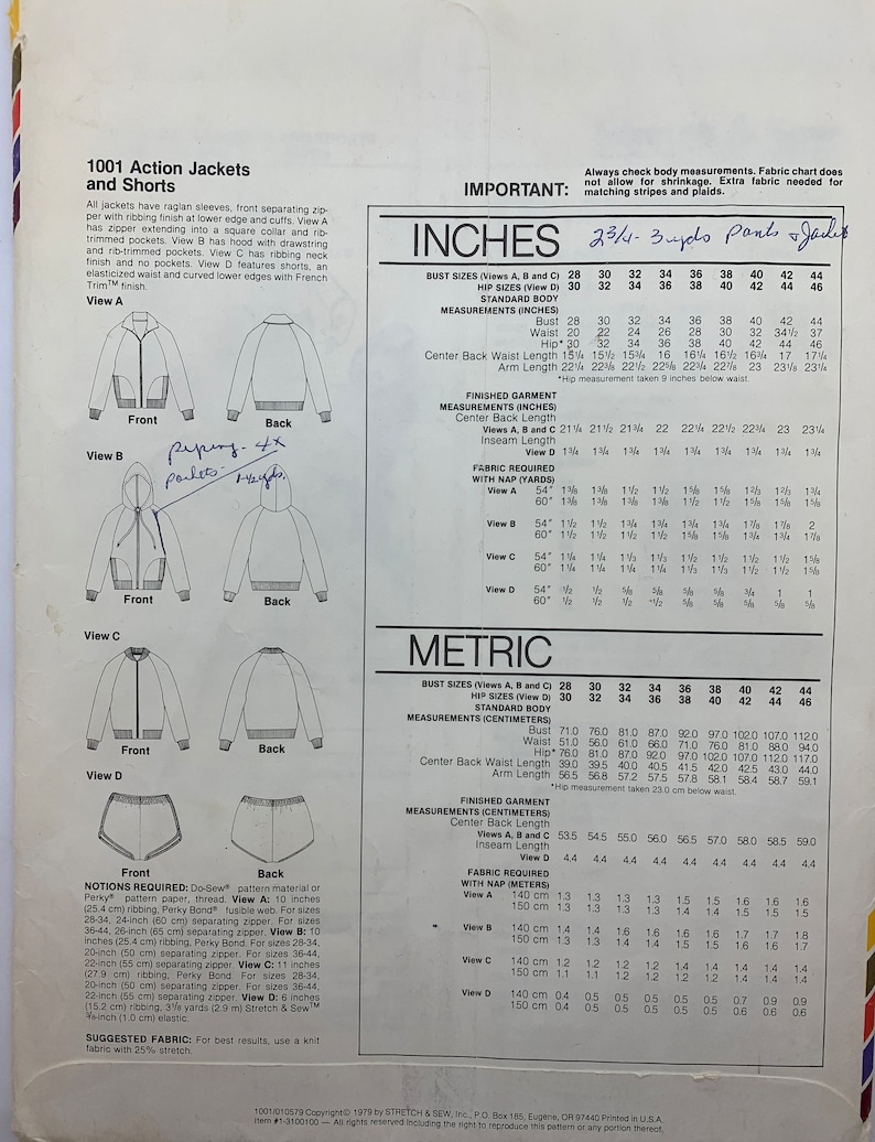 Stretch and Sew 1001, Vintage Jacket, Shorts, 70's Vintage, Hooded Jacket, Ribbed, Sizes 28 to 44, Uncut Master Pattern image 2