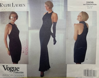 Vogue 2606, Tapered Dress, Ralph Lauren, Close-fitting, Halter Style Neck, Side Zipper, Slightly Flared, Sizes 6-8-10, Uncut Sewing Pattern