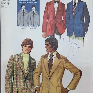 May include: A vintage Simplicity pattern, number 5217, showcasing illustrations of men's blazers. The designs include a red, blue, plaid, and tan blazer. The pattern is sized for a 44-inch chest and a 39-inch waist.