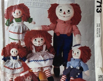 Raggedy Ann Andy Doll, McCall's 8377 / 5499, 713, 846/2447,  Stuffed Doll, With Clothes, Sizes 10"-15"-20"-25", Vintage Doll, Uncut Pattern