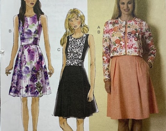 Butterick B6319, Cardigan with Dress, Close-fitting, Neck Bands, Fitted Dress Bodice, Self-lined Midriff, Pleated Skirt, Sizes 8-10-12-14-16