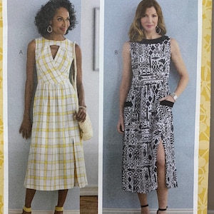 May include: A sewing pattern featuring two sleeveless dresses. One dress is yellow and white plaid with a front slit. The other is black and white with a geometric pattern and a front slit. The pattern is labeled "Butterick".