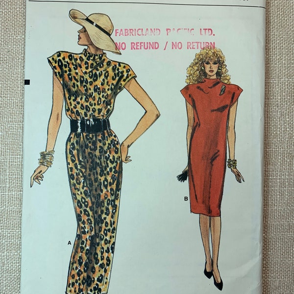 Vintage Vogue 9899, Semi-fitted Dress, Straight, Below Mid-knee, Raised Neckline, Shoulder Pads, Hemline Slit, Sizes 6-8-10, Uncut Pattern