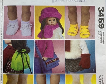 McCall's 3469, 18 Inch Doll Accessories, Hat, Scarf, Mittens, Backpack, Boots, Sneakers, Shoes, Uncut Sewing Pattern