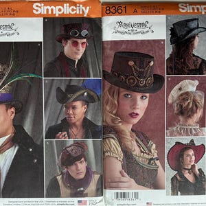 May include: Two Simplicity sewing pattern envelopes, 8713 and 8361, featuring illustrations of various hats including top hats with feathers, gears, chains, and veils. The patterns display multiple views of headwear in different colours and styles.