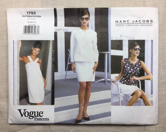 Marc Jacobs, Vogue 1792, Top, chaqueta y vestido de Misses, top y falda, vestido de línea A, ajuste holgado, tallas 8,10,12 Patrón de costura sin cortar