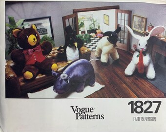 Vogue 1827, Stuffed Animals, Lamb, Bear, Penguin, Hippopotamus, Bunny, Uncut Sewing Pattern
