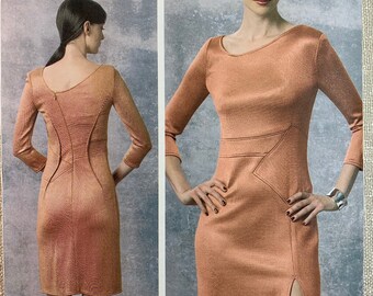 Vogue V1458, ralph rucci, Close-fitting Dress, Shaped Neckline, Bands, Left Side Slit, Back Zipper, Sizes 4-6-8-10-12, Uncut Pattern