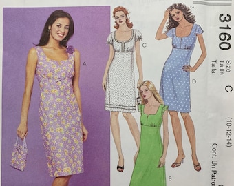 McCall's 3160, Summer Dress Empire Waistline, Lined Bodice, Small Bag, Sizes 10-12-14, Uncut Sewing Pattern