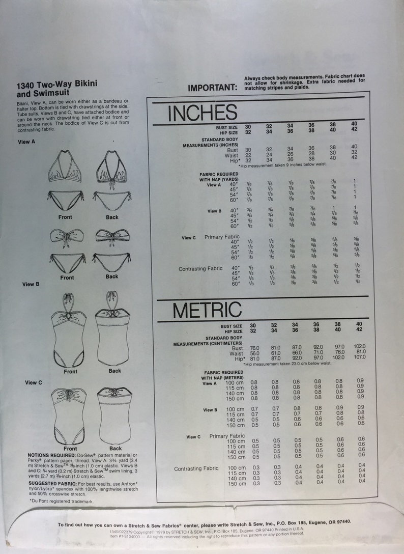 1970's Stretch & Sew 1340 Vintage Two way Bikini and Swimsuit Bust size 30 to 40 Pattern uncut from 1979 image 3