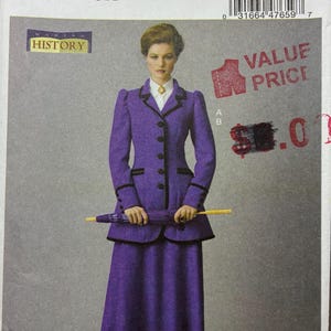 May include: A Butterick B6608 sewing pattern envelope featuring a purple jacket with black trim and a matching long skirt. The jacket has a button-front closure and long sleeves. The pattern includes sizes 14-16-18-20-22 and a barcode.