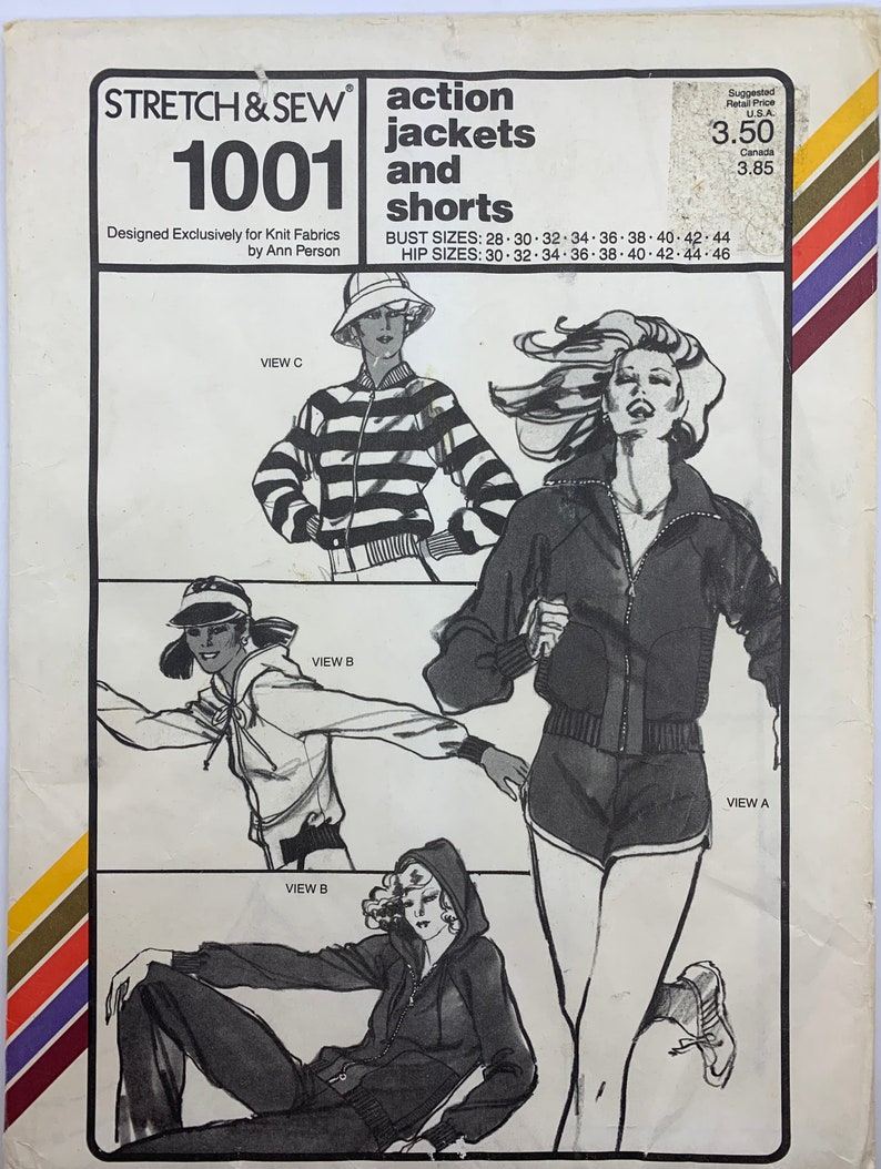Stretch and Sew 1001, Vintage Jacket, Shorts, 70's Vintage, Hooded Jacket, Ribbed, Sizes 28 to 44, Uncut Master Pattern image 1