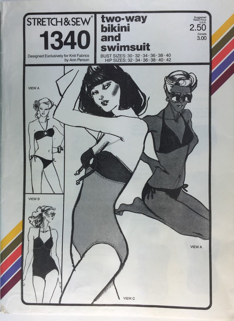 1970's Stretch & Sew 1340 Vintage Two way Bikini and Swimsuit Bust size 30 to 40 Pattern uncut from 1979 image 1