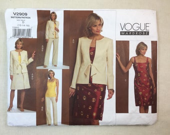 Vogue V2909, Vogue Wardrobe, Lined Jacket, Sleeveless Dress, Front Panel Skirt,Pants, Sizes 12-14-16, Uncut Sewing Pattern