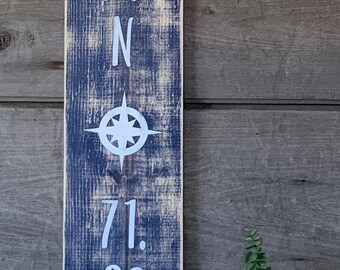 Vertical Latitude Longitude Sign: Hand Painted Farmhouse Wall Decor