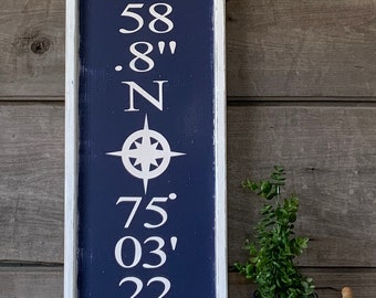Handcrafted Vertical Latitude Longitude Sign: Navy Farmhouse Decor