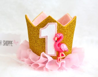 Pink Flamingo Gold Glitter MINI Birthday Cake Smash Princess Party Crown Headband w/ Pink Ruffle OR Flamingle Hair Clip Dog Cat Pet