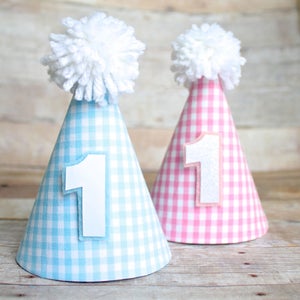 Hell Rosa Hellblau Gingham karierter MINI Geburtstag Partyhut / Partyhut / Partyhut / Party Hut / Partyhut / Partyhut / Partyhut