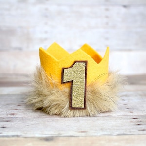 Max Crown Where the Wild Things Are Yellow Mini Crown with Faux Fur Trim and Gold or Brown Glitter Number