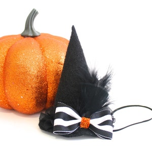 Halloween Black MINI Witch Hat with Feathers Black & White Stripe Bow with Orange Center Witch Costume - Adult - Child - Pet Dog Cat