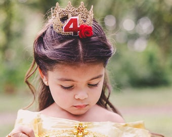 Belle the Beauty Gold MINI Lace Crown Headband w/ Red Rose Flower Newborn Photo Prop Birthday Crown Princess Party Cake Topper Dog Cat Pet