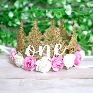 Gold Silver or Pink MINI Lace Crown Headband w/ Flowers Newborn Photo Prop Birthday Crown Princess Party Shabby Chic Cake Topper Dog Cat Pet