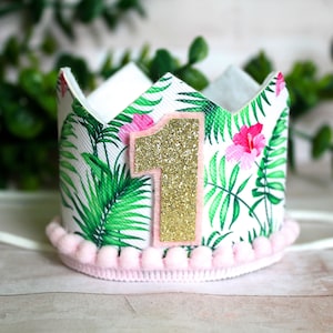 Tropical Island Princess Mini Birthday Crown: Palm Leaf & Pink Hibiscus, Gold Glitter Number