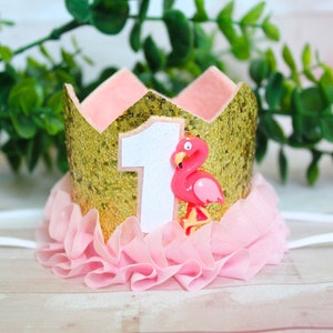 Pink Flamingo Gold Glitter MINI Birthday Cake Smash Princess Party Crown Headband w/ Pink Ruffle OR Flamingle Hair Clip Dog Cat Pet