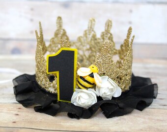Queen Bee Gold lace Birthday Party Crown with Bumble Bee Ruffles and Flowers - Fun to Bee One - Bee Day First Birthday Cake Smash Photo Prop